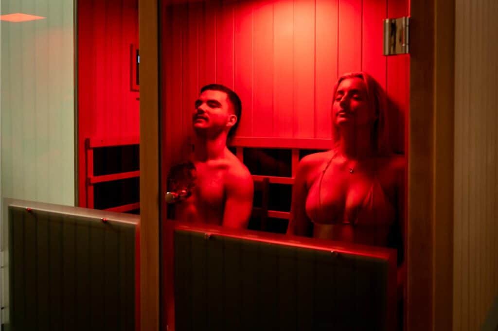 Infrared sauna cabin with red light therapy at Beyond Rest Melbourne