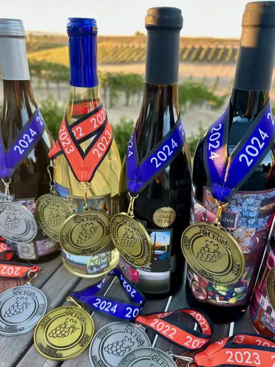 Preisgekrönte Weinflaschen von Domaine Chardonnay mit Gold- und Silbermedaillen von Wettbewerben der Jahrgänge 2022 bis 2024, Weinberg im Hintergrund