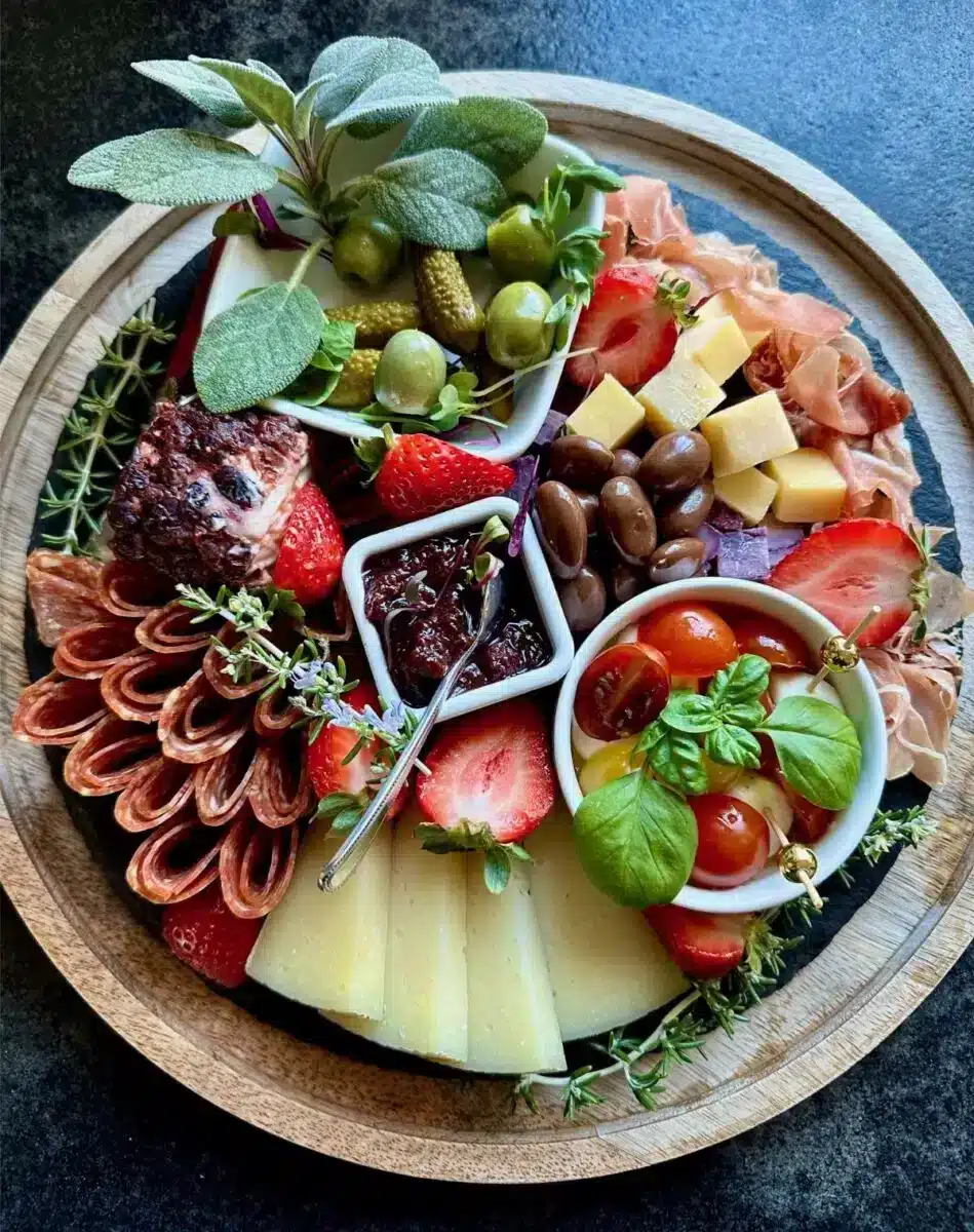 Kunstvoll angerichtetes Charcuterie-Board mit Wurstwaren, gereiftem Käse, frischen Erdbeeren, Oliven, Konfitüre und Kräutern, serviert für Gäste von Domaine Chardonnay