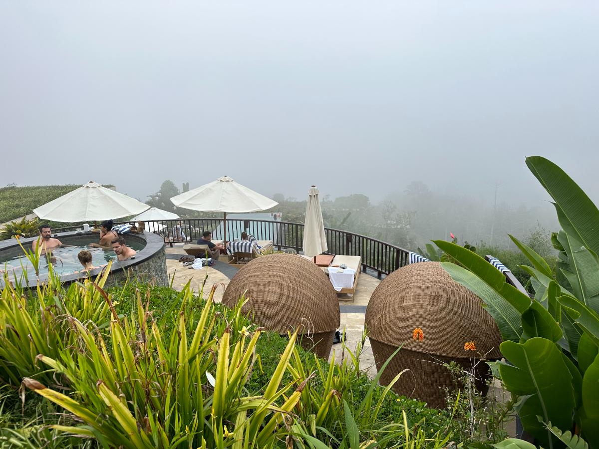 Steinweg durch den Garten der Munduk Moding Plantation Bali, gesäumt von tropischen Blumen, Orchideen und Palmen