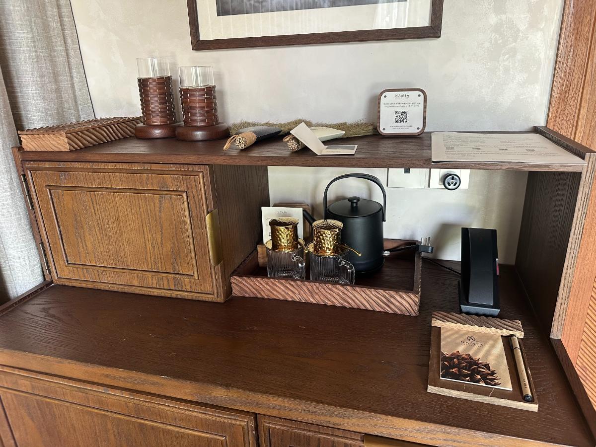In-villa coffee and tea station with kettle and Vietnamese drip filter, Namia River Retreat, Hoi An, Vietnam