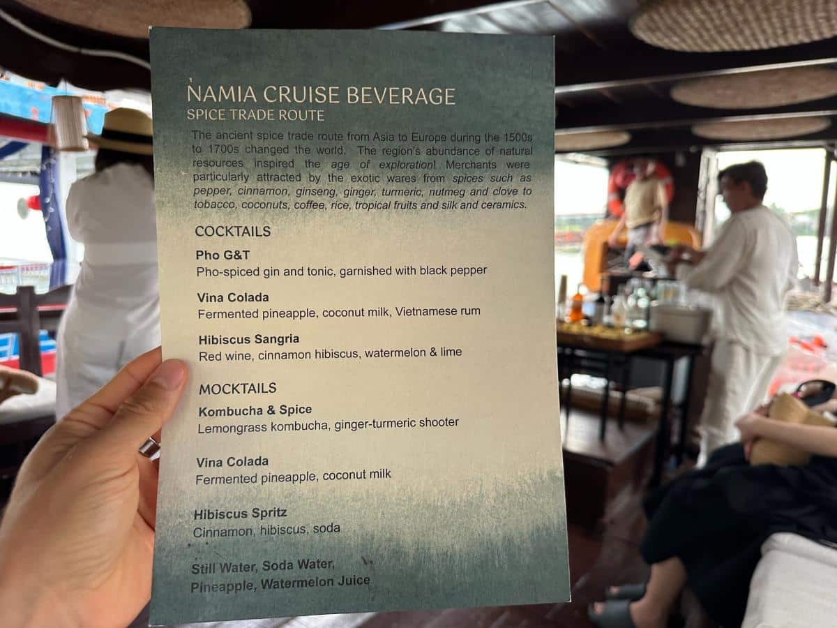Namia cruise beverage menu held aboard the river cruise boat, Hoi An, Vietnam