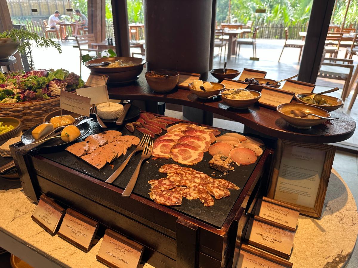 Cured meats and cheese protein station at breakfast, Namia River Retreat, Hoi An, Vietnam