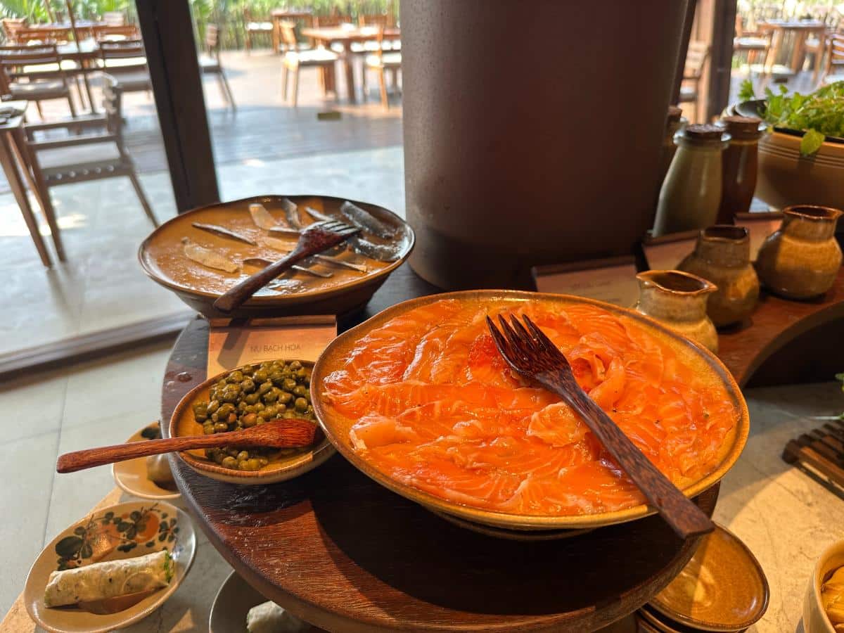 Smoked salmon and capers platter on the breakfast spread, Namia River Retreat, Hoi An, Vietnam