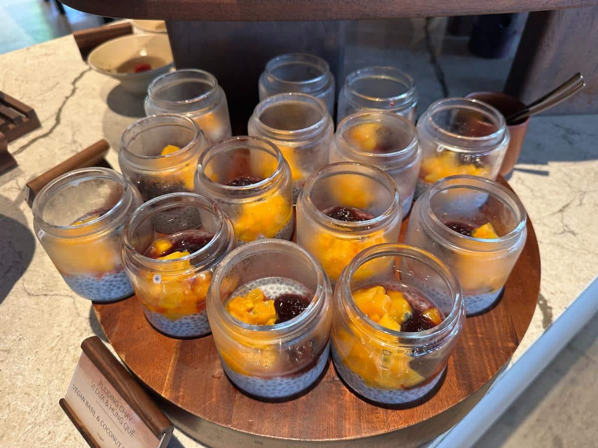 Chia and mango pudding jars on the breakfast buffet, Namia River Retreat, Hoi An, Vietnam