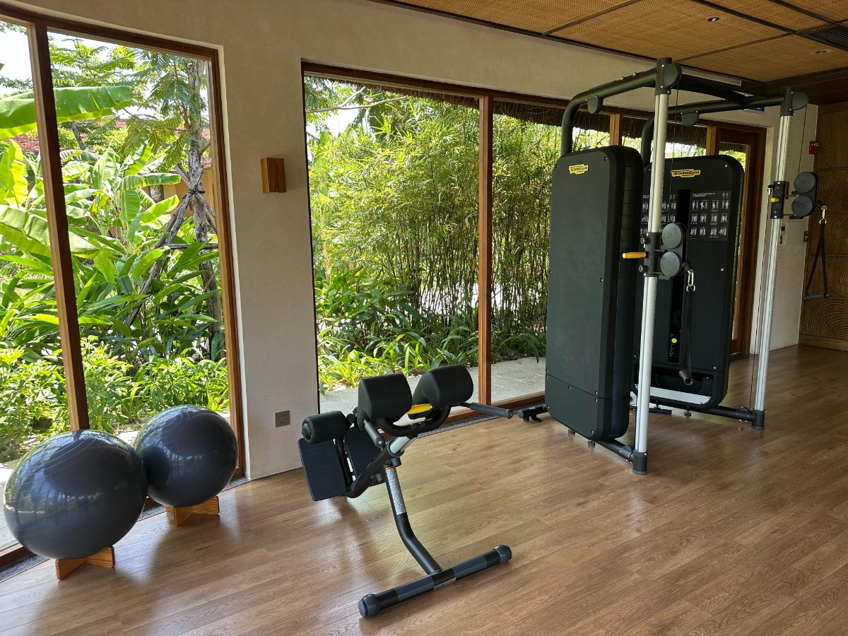 Cable resistance machine in the gym with floor-to-ceiling jungle view, Namia River Retreat, Hoi An, Vietnam