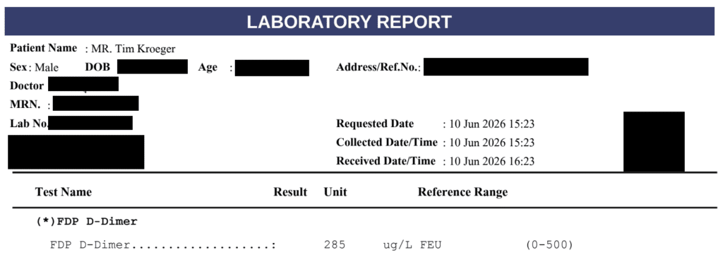 D-Dimer blood test results showing drop from 4315 to 285 µg/L during longevity program at Healthi Life Bangkok